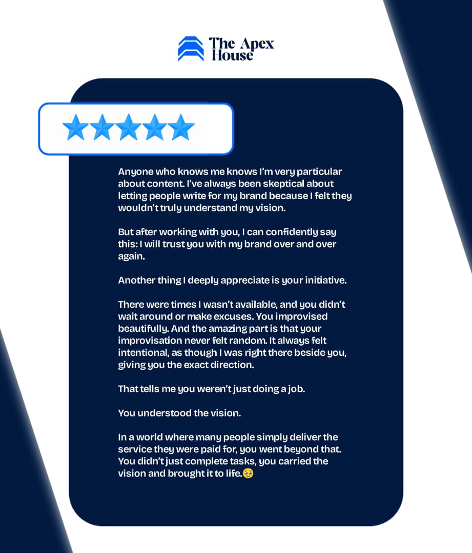 EMQUE client testimonial praising The Apex House's brand communication and creative work, part 1 of 4