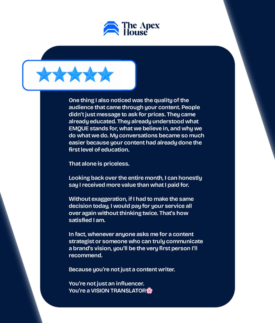 EMQUE client testimonial praising The Apex House's initiative and understanding of the brand vision, part 4 of 4